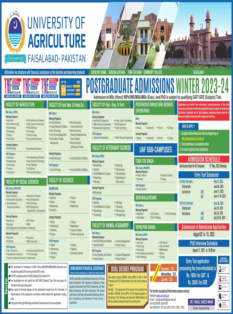 Agriculture University Faisalabad Admissions 2022 / UAF ADMISSIONS 2022  UAF ADMISSIONS Session 2022-2023 Admissions schedule of Agriculture University Faisalabad 2022
