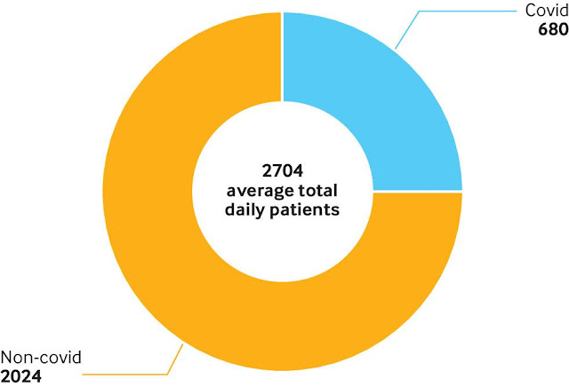 Average number of patients with and without covid-19 per day on mechanical ventilation from 2 April to 5 November 2020