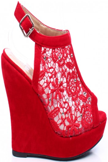RED FAUX SUEDE MESH LACE SLING STRAP PLATFORM WEDGE