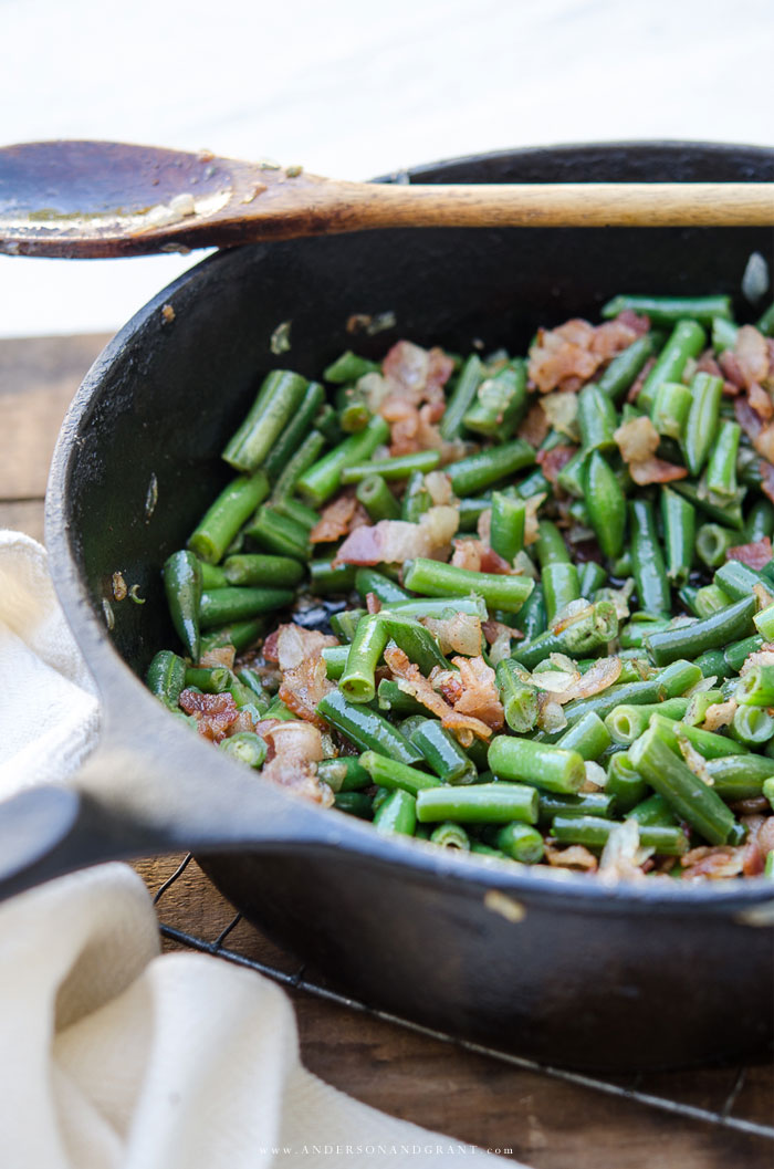 Cast Iron Skillet filled with Green Beans and Bacon