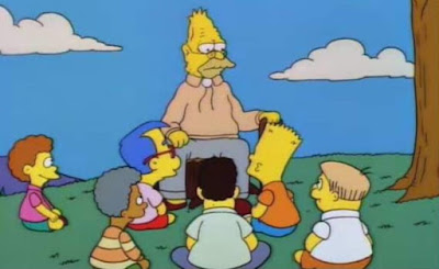 Grandpa from The Simpsons sat down surrounded by the younger characters