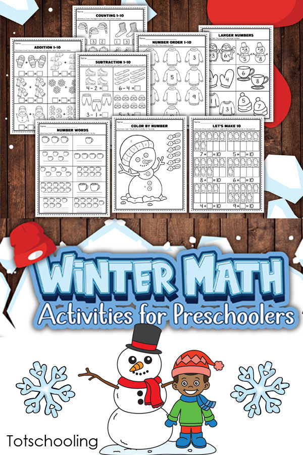 FREE Winter Math printables for preschoolers to practice counting, addition, number order, number sense and more!