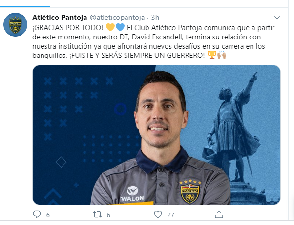 Pantoja anuncia disvinculación de su DT David Escandell