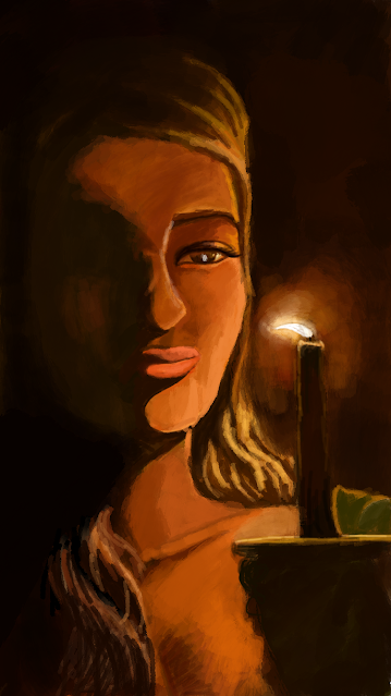 Old woman looking at candle, transitioning from darkness to light