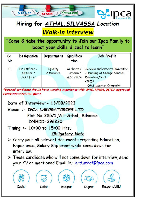 Ipca Silvassa Walk In Interview For B Pharm/ M Pharm/ MSc/ BSc