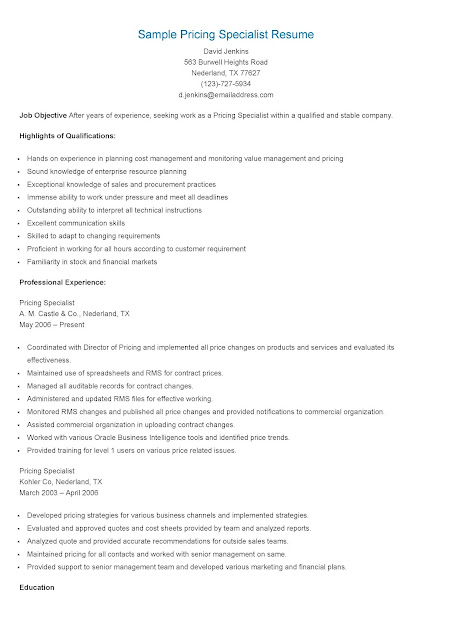Sample Pricing Specialist Resume