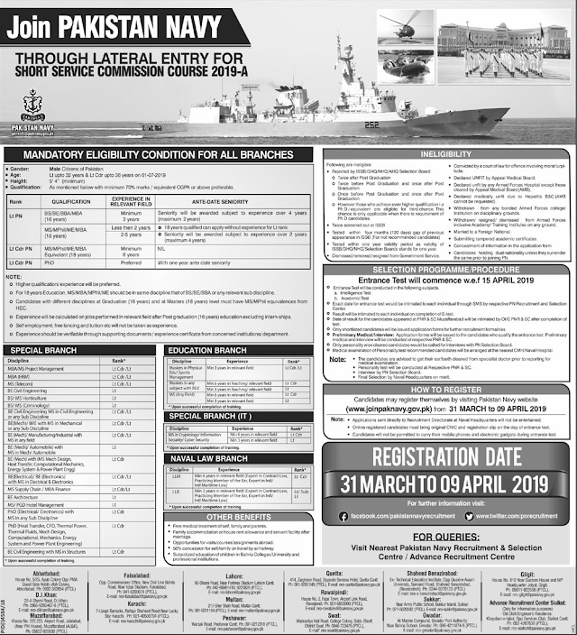 Join Pak Navy through lateral entry for short service commission course 2019-A