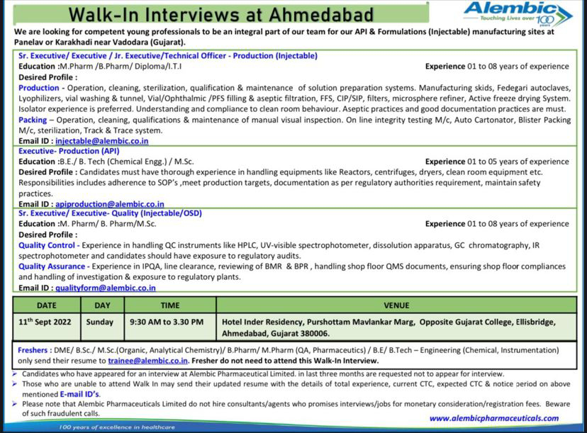 Job Available's for Alembic Pharmaceutical Ltd Walk-In Interview for Production/ Packing/ QA/ QC/ OSD/ Injectable