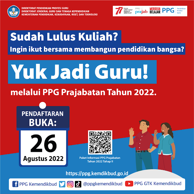 Pendaftaran PPG Prajabatan Gelombang 2 dibuka pada tanggal 26 Agustus-26 September 2022 dengan 18 bidang studi.