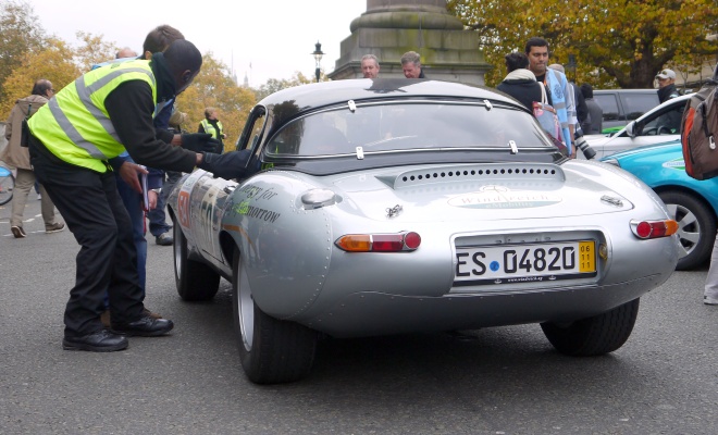 Converted Jaguar E-Type at the finishing line