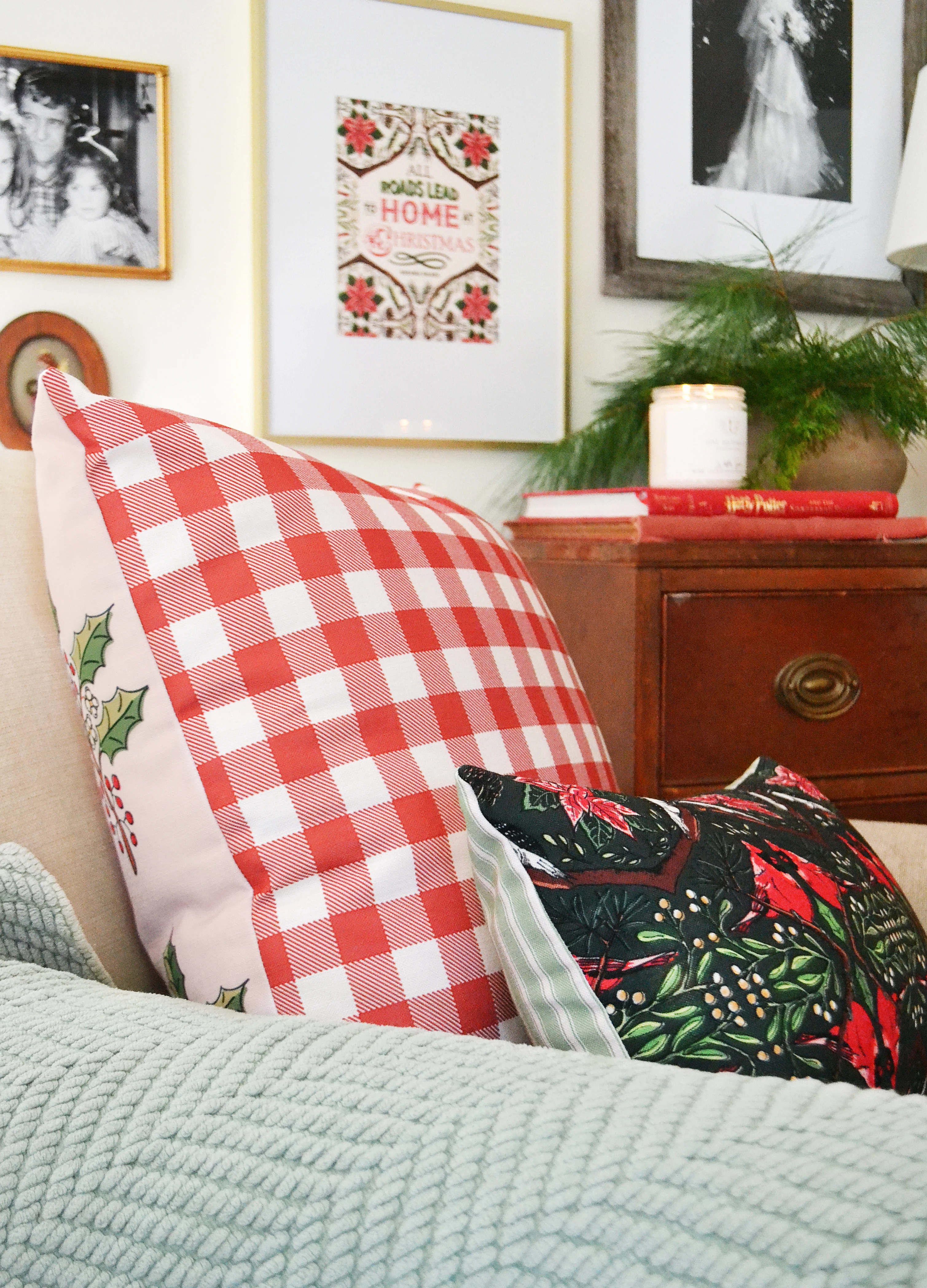 traditional christmas red and green pillow with cardinal design and ticking stripe backing