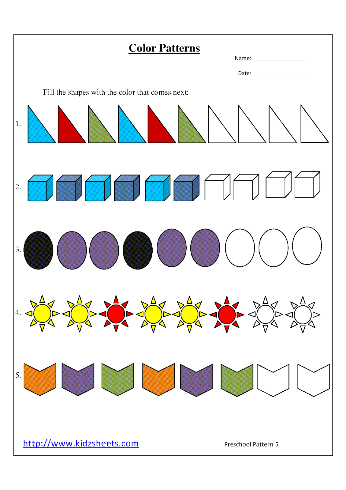 color patterns kindergarten for worksheet Free Printable Worksheet For Kindergarten Pattern