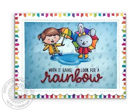 Sunny Studio Stamps When It Rains, Look For A Rainbow Rainy Day Card featuring Bunny with Umbrella from new Woodsy Autumn Stamps, Over The Rainbow Stamps, Rain Showers Background, Rain or Shine Stamps, Frilly Frames Hexagon Dies & Rainbow Bright 6x6 Paper
