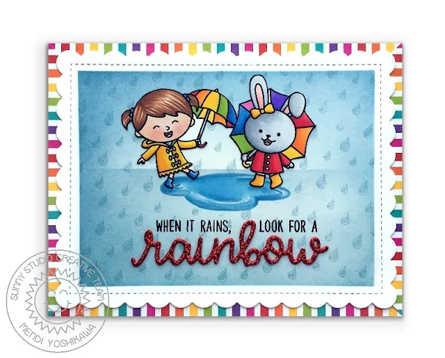 Sunny Studio Stamps When It Rains, Look For A Rainbow Rainy Day Card featuring Bunny with Umbrella from new Woodsy Autumn Stamps, Over The Rainbow Stamps, Rain Showers Background, Rain or Shine Stamps, Frilly Frames Hexagon Dies & Rainbow Bright 6x6 Paper