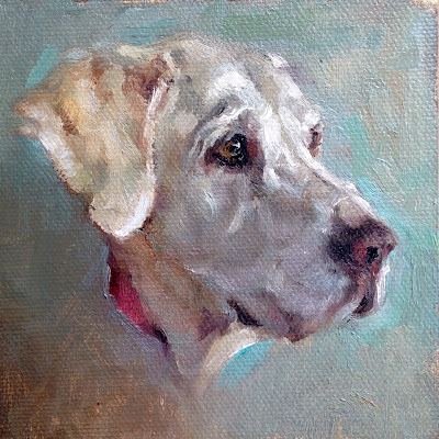 Portrait of Roxy the Golden Lab.  Golden Lab Painting in Oil by Heather Lenefsky, Custom Portrait of Roxy