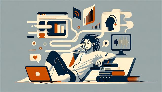 An abstract minimalistic illustration of a casual Japanese man with dreadlocks during a day of leisure and learning. The scene includes him lying down, looking exhausted, with abstract symbols of books and a computer screen, indicating his attempts at reading and browsing forums. Another part of the illustration can depict an abstract representation of him listening to an audiobook, symbolizing the use of Audible for relaxation and learning. The style is very minimalistic, focusing on his relaxed state and his pursuit of knowledge in a calm and restful environment.