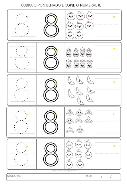 Recursos:  Fichas com os números de 1 a 10 para cobrir, copiar e colorir: Encontre diferentes atividades para cada número, como colagem com diferentes materiais, caligrafia e pintura com cores vibrantes. Materiais criativos: Lápis de cor, tintas, giz de cera, papel, cola, glitter, etc. Sua imaginação: Explore a criatividade e invente novas formas de aprender. Baixe as fichas de atividades, prepare seus materiais e embarque nesta jornada numérica inesquecível!  Ajude seu filho a dominar os números de 1 a 10 de forma divertida e personalizada!  Palavras-chave: Atividade Pré-escolar, Números de 1 a 10, Colagem, Cópia, Caligrafia, Pintura, Coordenação Motora Fina, Raciocínio Lógico, Contagem, Criatividade, Aprendizagem, Diversão, Mural Colorido.  Dicas para tornar a atividade ainda mais especial:  Cante músicas sobre os números enquanto a criança realiza as atividades. Crie jogos de adivinhação com os números. Conte histórias que utilizem os números como personagens. Exponha os números que a criança completou em um lugar especial. O importante é que a criança se divirta enquanto aprende!  Exemplo de atividade para o número 1:  Cole 1 pompom no círculo. Desenhe 1 flor. Escreva o número 1 no espaço indicado. Pinte o número 1 com a cor que você mais gosta. Explore as diversas atividades disponíveis para cada número e personalize a jornada de aprendizado do seu filho!