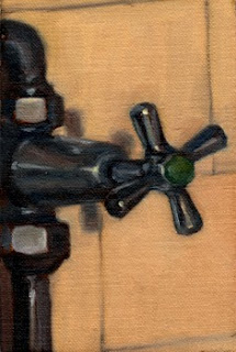 Oil painting of a cold tap attached to exposed water pipes, as part of a shower unit circa 1940.