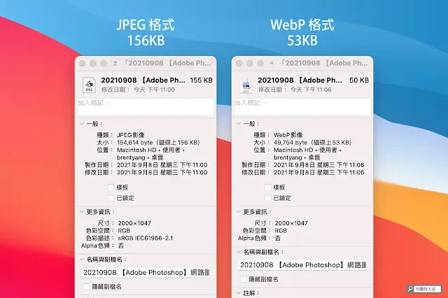 【Adobe Photoshop】網路圖片新規格 --- 讀取、儲存 WebP 格式 - 在非常接近的圖片品質下，WebP 的檔案大小是 JPEG 的 1/3 而已