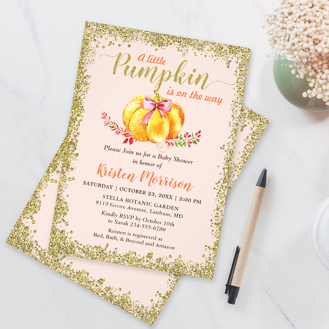  Little Pumpkin Blush Gold Glitter Fall Baby Shower Invitation