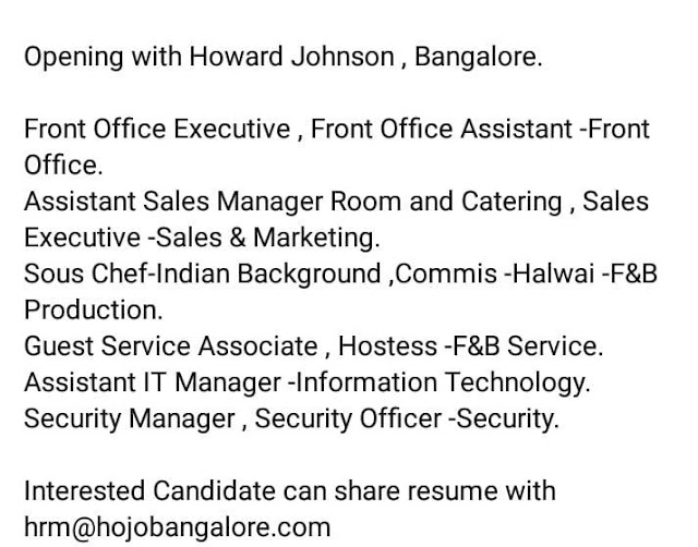 Opening with Howard Johnson Bangalore location 