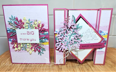 Rhapsody in craft,#rhapsodyincraft,#colourcreationsbloghop,Berry Burst,Birthday Card,fancy fold card,Berry Burst,Timeless Arrangements,Timeless Arrangments Dies,Masterfully Made,Gorgeously Made, Gorgeously Made Dies,Double pop-up card, Double Bridge Card,Thank you cards,Stampin' Up!, #artwithheart,#loveitchopit!