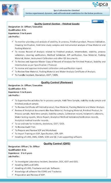Ipca Laboratories Hiring For Quality Control Dept