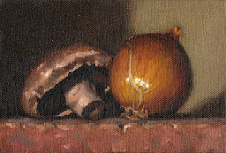 Still life oil painting of a brown onion beside a brown mushroom.