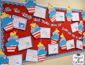 Dr. Seuss birthday literacy week display~Students wrote about all the things Dr. Seuss has given them as readers then made him a cupcake and gave a gift in return!