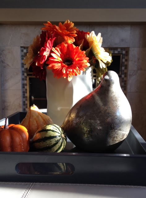 autumn vignette tray mercury bird fall flowers