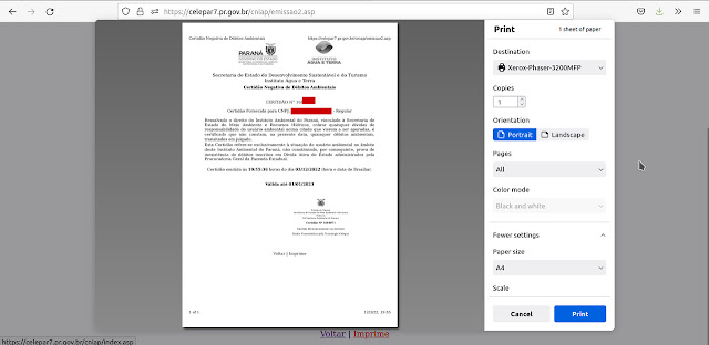 Impressão da Certidão Negativa de Débitos Ambientais