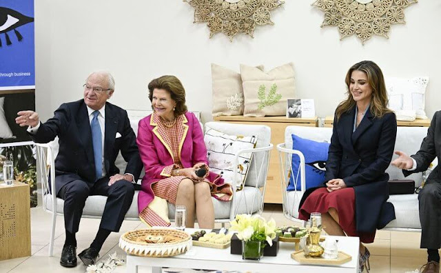 King Carl Gustaf and Queen Silvia, King Abdullah, Queen Rania. Silvia wore a fuchsia coat and houndstooth dress