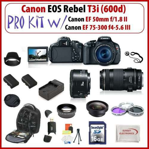 Canon EOS Rebel T3i SLR Digital Camera with Canon EF 50mm f/1.8 II & Canon EF 75-300mm f/4-5.6 III Lenses + Huge SSE Accessories Package