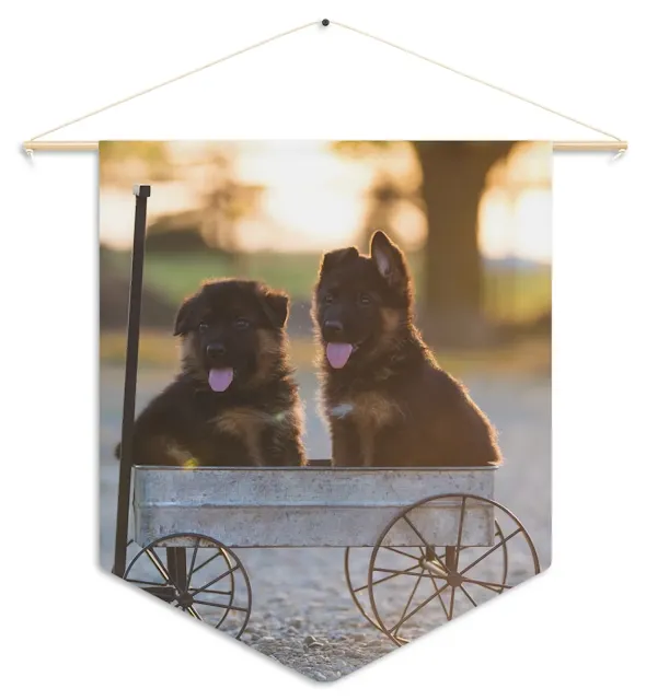 Pennant With Two Cute Black and Red German Shepherd Puppies Sitting on a Cart