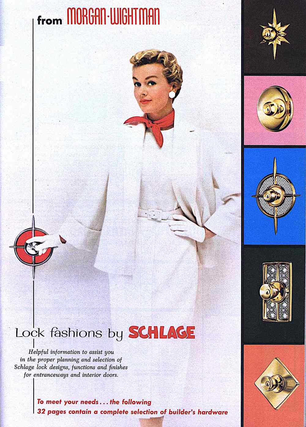 a 1959 Schlage doorlocks ad with color photograph of a German woman in white