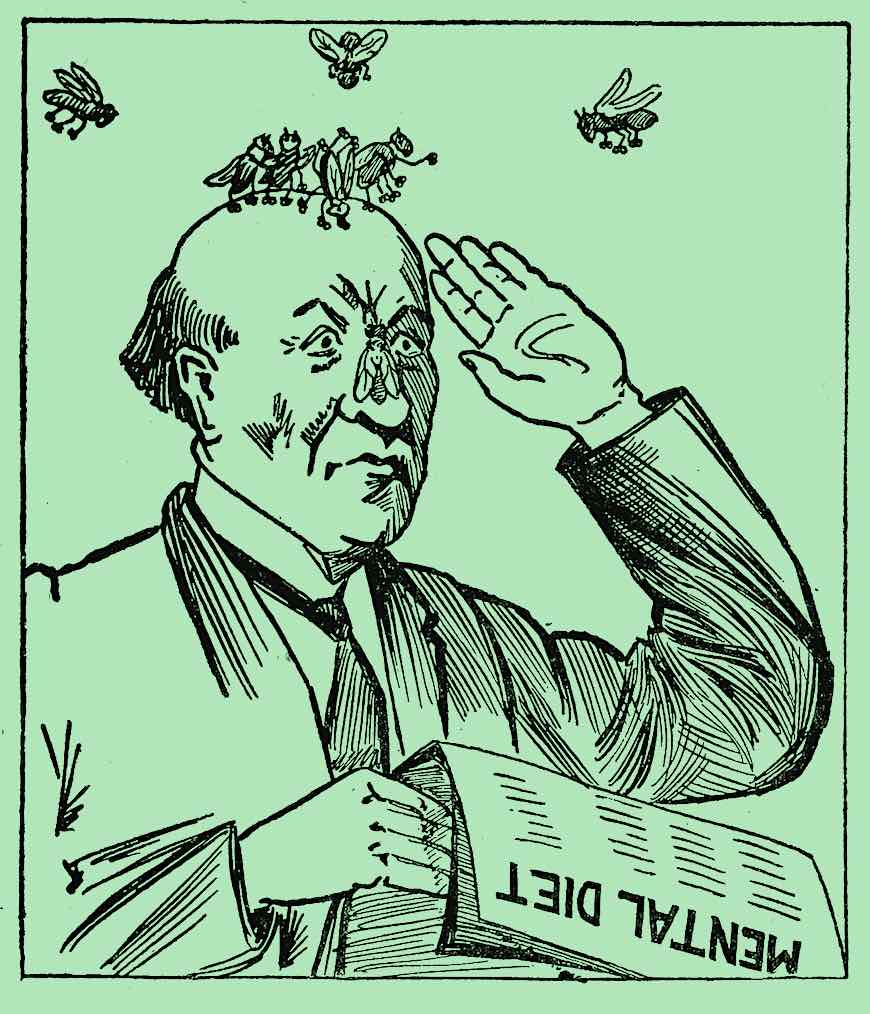 a 1918 cartoon of a fly covered man holding a newspaper with headline  "Mental Diet"