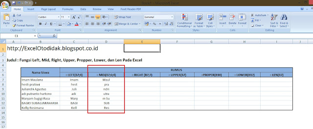 Fungsi Left, Right, Mid, Upper, Propper, Lower, dan Len Pada Excel 