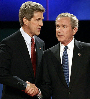 John Kerry shaking hands with George W. Bush at the 2004 Presidential debate