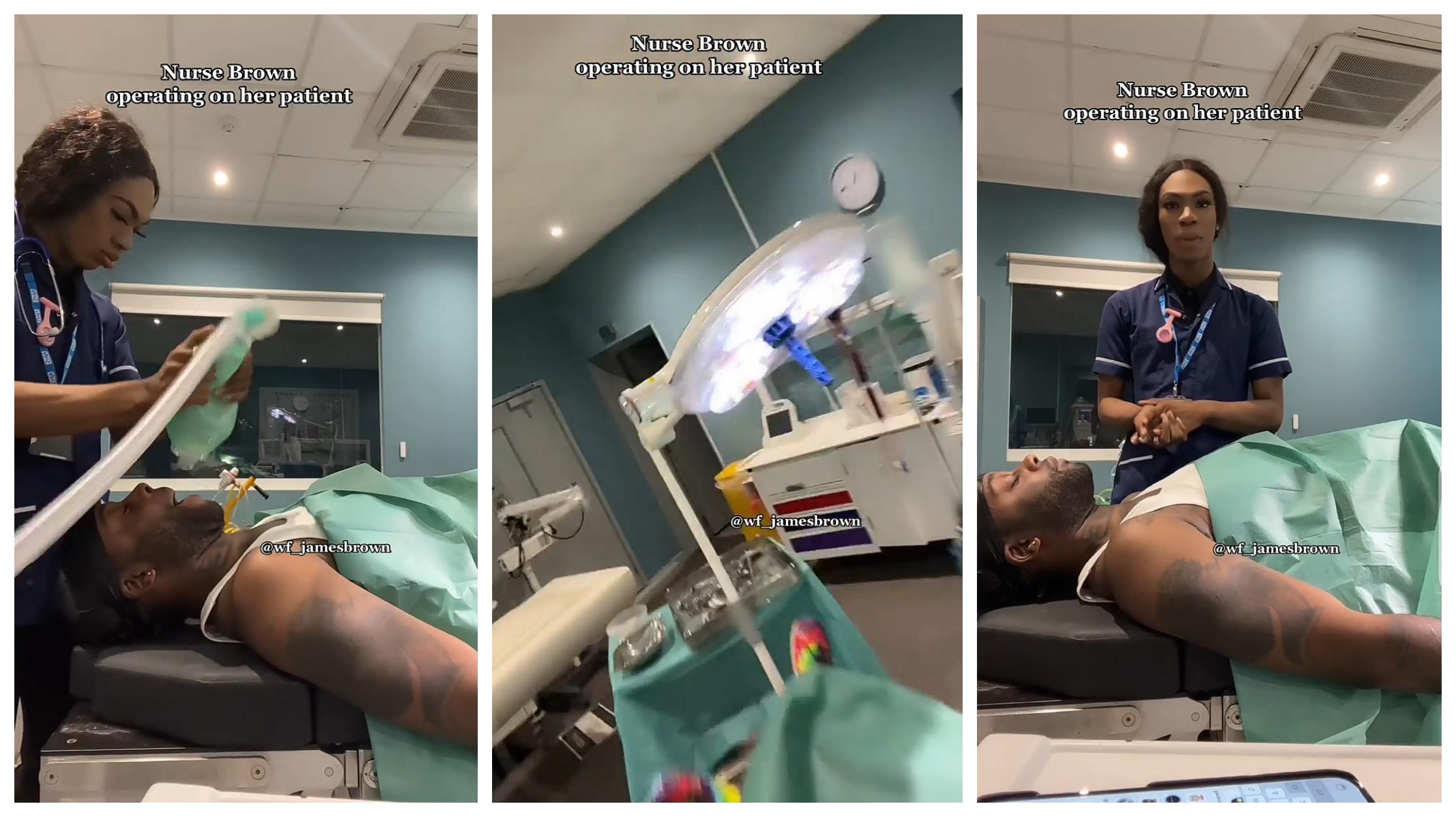 Nigerians react as crossdresser James Brown operates on a sick patient's - video
