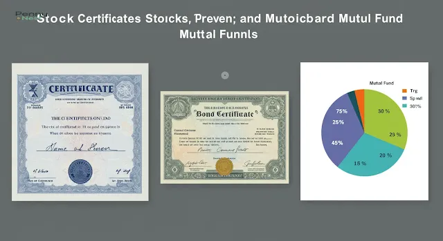 A three-part graphic comparing a stock certificate, a bond certificate, and a pie chart representing a mutual fund, illustrating the difference between stocks, bonds, and mutual funds.
