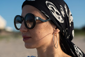 Chanel half tint sunglasses, Alexander McQueen head scarf