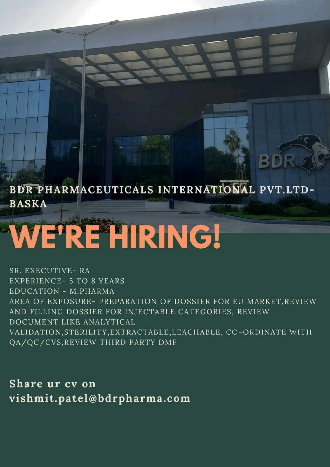 Job Available's for BDR Pharmaceuticals International Pvt. Ltd Job Vacancy for M Pharma