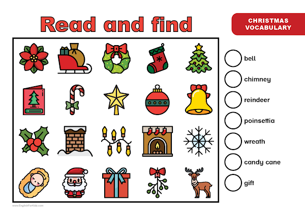Christmas vocabulary worksheet - read and find activity