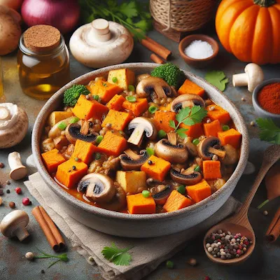 Auf dem Bild sieht man eine Schale gefüllt mit einen veganem Ragout namens Süßkartoffel-Zauber. In der ofenfesten Schale liegen Tofu, Süßkartoffeln, gemischte Pilze in feine Würfel geschnitten und im Ofen überbacken.