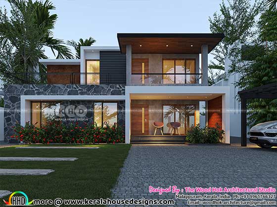 Front Elevation of 4-Bedroom Modern Flat Roof House Plan with Textures