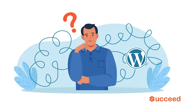 A confused man with a question mark above his head, standing in front of a tangled line and a WordPress logo