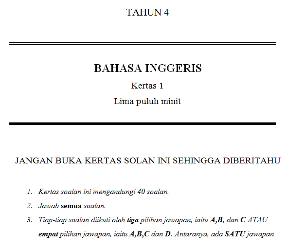 Kertas Soalan Peperiksaan Bahasa Inggeris Tahun 4