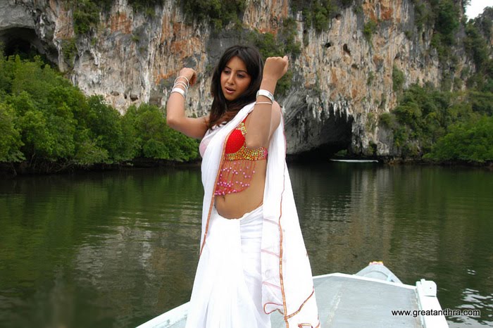 Sanjana navel in white saree - Sanjana Navel Show in white Backless Saree - Latest