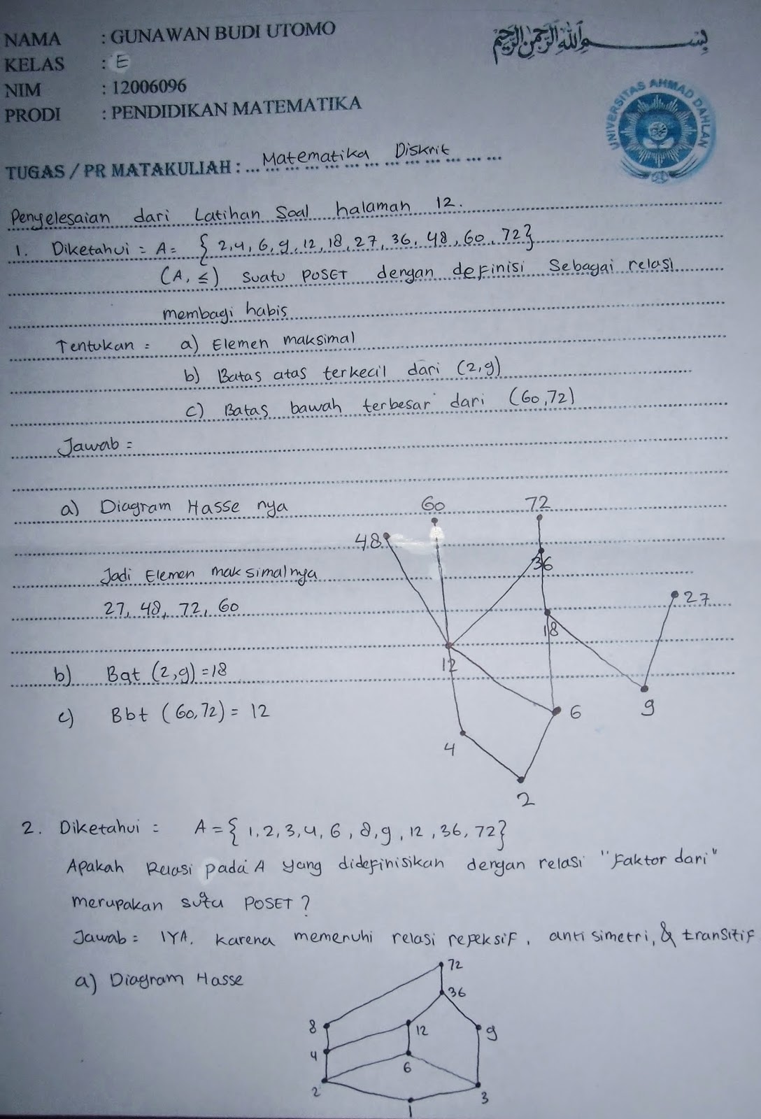 Tugas Matakuliah Matematika Diskret yang wajib diketahui