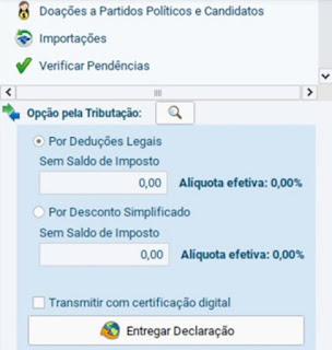 Tela da declaração de imposto de renda indicando as duas formas: simples ou completa